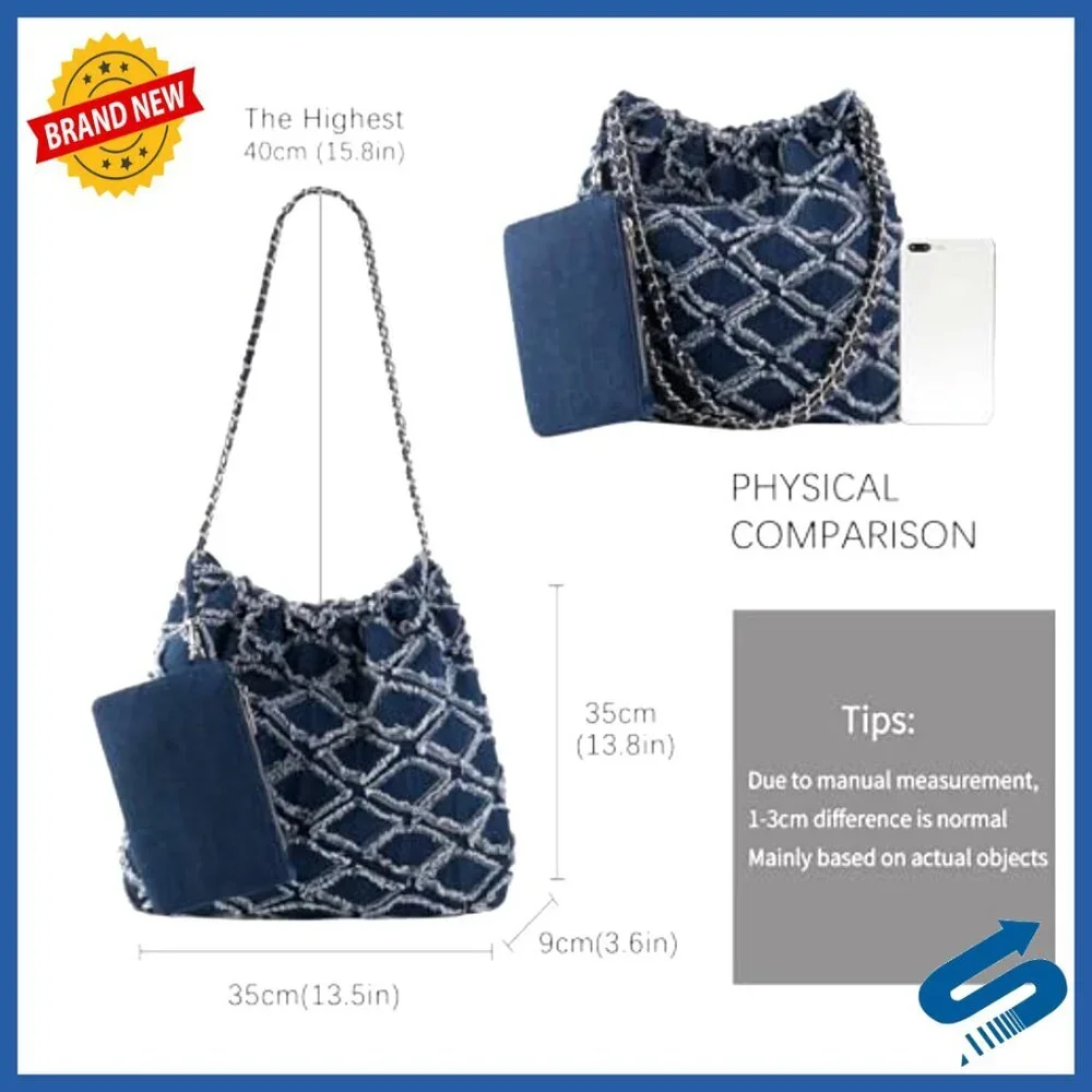 Large Quilted Denim Tote Bag with Chain Strap and Wallet